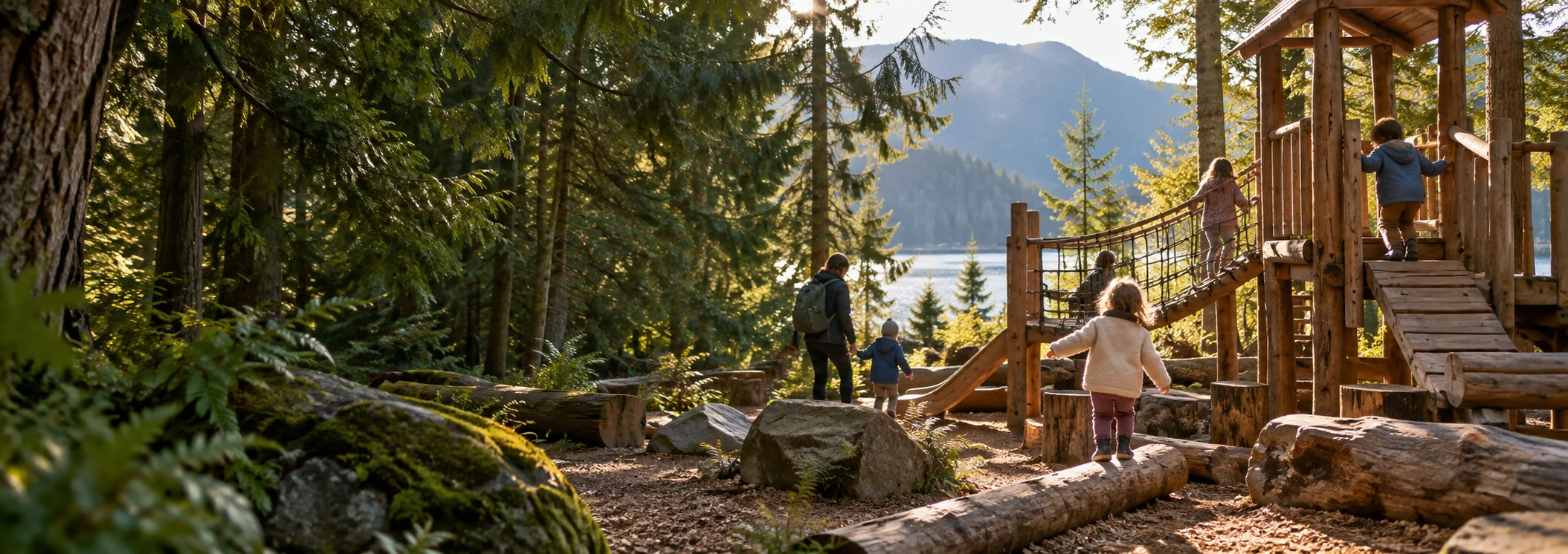 children and an adult exploring wooden play equipment in a forest beside a lake